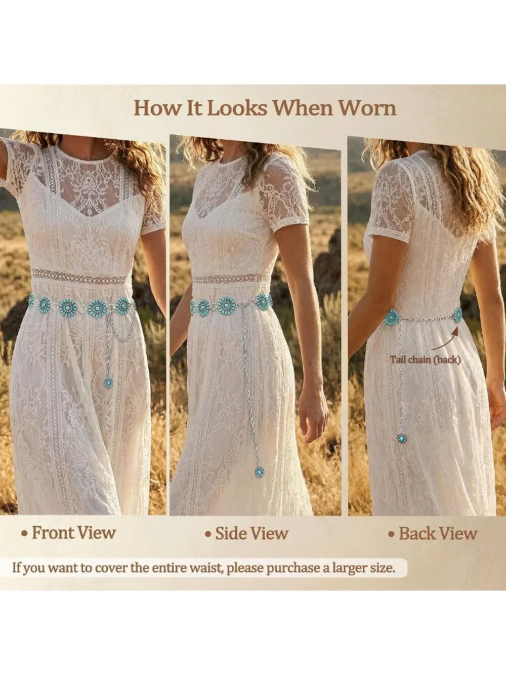 Turquoise Western Chain Belt for Women, Stylish Cowgirl Concho Accessory